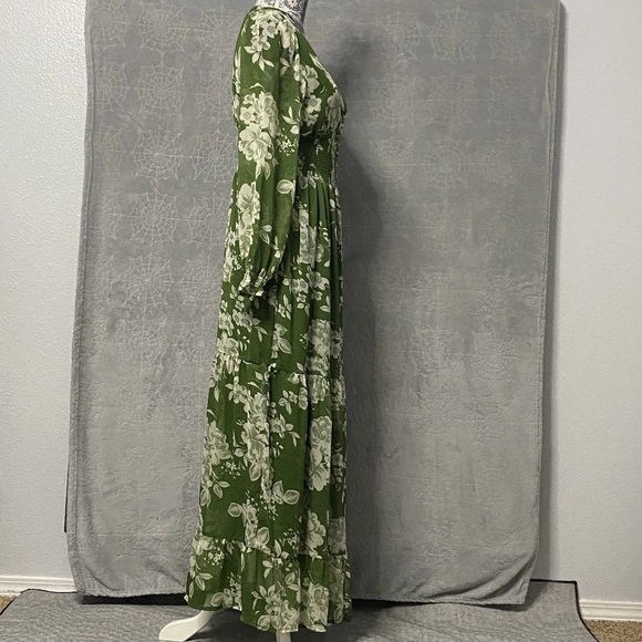 Patrons of Peace Maxi Dress Womens M Green White Floral Empire Waist Long Sleeve - Picture 3 of 10